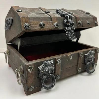 Ornate Medieval Style Wooden Keepsake Box with Lion Hardware 