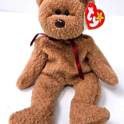 "Ty" Curly The Bear Beanie Baby with Tag Errors and Brown Nose