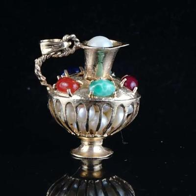14k Yellow Gold 1" Carafe Pendant with Pearls, Turquoise & Coral Cabochons– (10.6g)