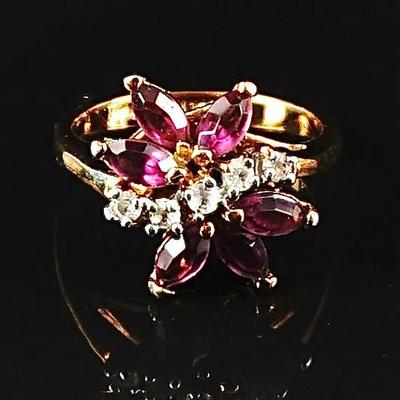 14k Gold Filled Amethyst & Crystal Star Cluster Ring - Size 5