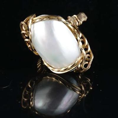 Elegant Mother of Pearl Statement Ring, Gold Filled, Size 5