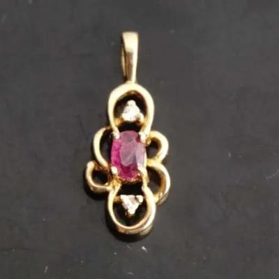 14k Yellow Gold Genuine 0.35ct Oval Ruby Pendant with Diamond Accents