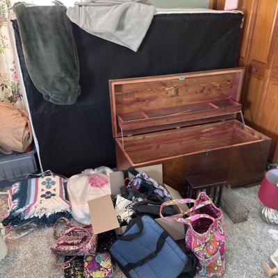 Cedar chest, quilts, afghans 