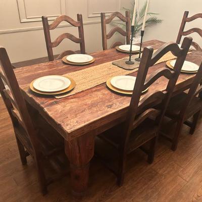 Hand carved wood table with 6 chairs - very heavy