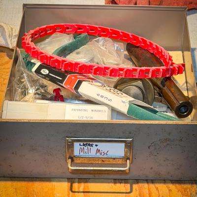 Machine Shop Tool Drawer Labeled "Lathe + Mill Misc"