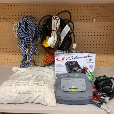 Lot Of Auto Battery Chargers , Truck Tire Chains , Rope And Extension Cords 