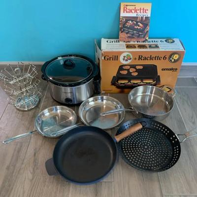 Lot Of Stainless Steel Pans Crock Pot Emalco Grill Spice Rack