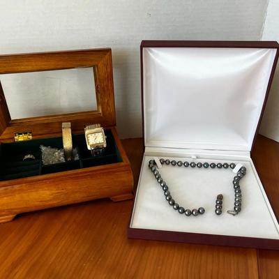 Jewelry Box With Costume Jewelry And Pearl Necklace