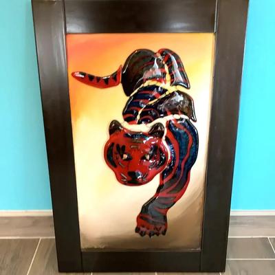 Framed Glass Tiger Art Picture - Signed