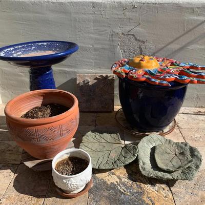 Ceramic Birdbath, Talavera Sun Sculpture And Misc Patio Decor