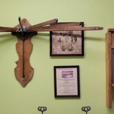 Sale Photo Thumbnail #35: Antique clothes drying rack, washboard and wall art