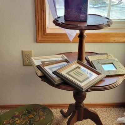 Sale Photo Thumbnail #54: Two-tiered accent table and hand painted small stool