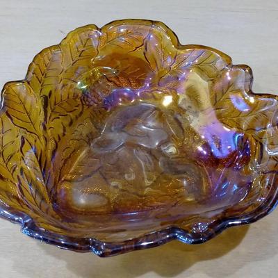 Vintage Leaf Design Carnival Glass Candy Dish