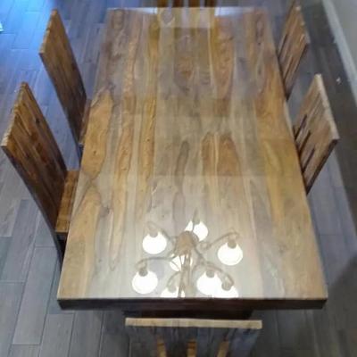 Indian Rosewood Kitchen Table With Glass Top and 6 Matching Chairs