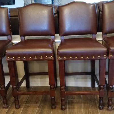 Four-Matching Leather Bar Stools with Nailhead Trim