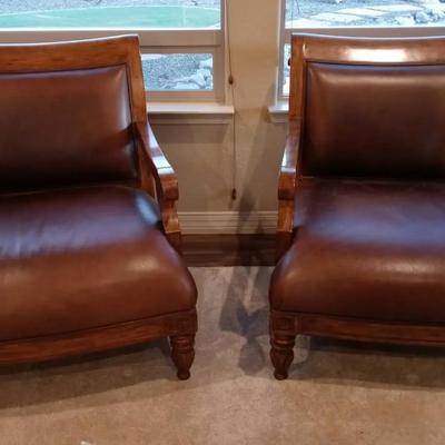 Two-Large Leather and Wood Armchairs