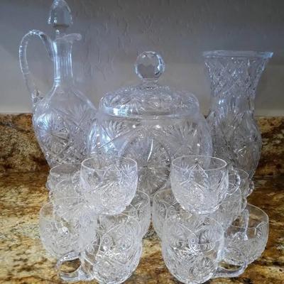 Vintage Crystal Punch Bowl Set With 12 Cups, Matching Vase & Decanter