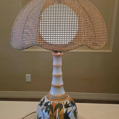 Vintage Ceramic Bamboo Lamp With Rattan Shade