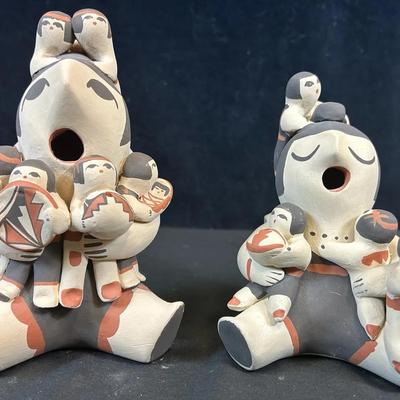Native American Pueblo Storyteller Signed 'Singing Mothers' Figurines (2)