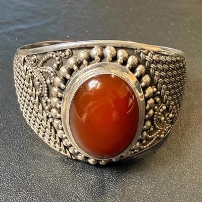 .925 Sterling Silver Indonesian Carnelian Cuff Bracelet 
