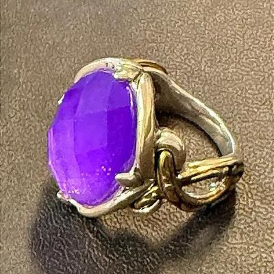 .925 Sterling Silver & Brass Ring W/Synthetic Purple Stone & Mother Of Pearl Base, Size 6 