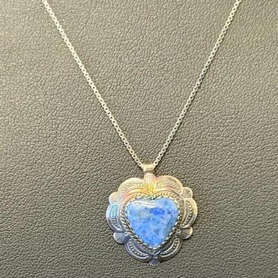 .925 Sterling Silver 18” Curb Chain W/ Lapis Lazuli Heart Charm 