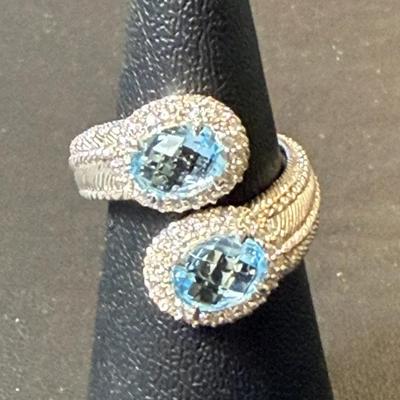 .925 Sterling Silver Blue & White CZ Ring By Judith Ripka, Size 6