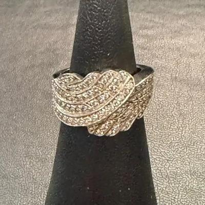 .925 Sterling Silver 'Folded Wings' CZ Pave Ring, Size 6