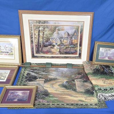 Thomas Kinkade Tapestry (1) & Blanket (1) + Framed Art Prints (5)