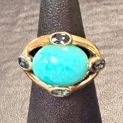.925 Sterling Silver Vermeil Simulated Turquoise &  Blue CZ Ring, Size 6