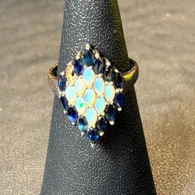.925 Sterling Silver Opal & Sapphire Cluster Ring, Size 5 3/4 