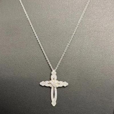 .925 Sterling Silver 18” Link Chain W/ Dominique Cross Pendant 