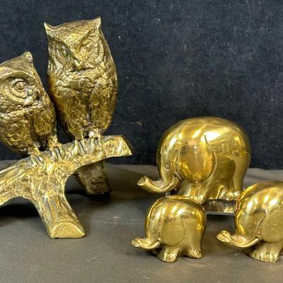 Brass Owl Statue (1) + Brass Elephant Figurines (3)
