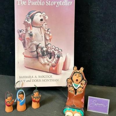 Handmade 'Pueblo Storyteller' Figurine (1) & Ornaments (3) + The Pueblo Storyteller Book (1)