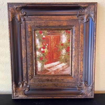 Framed Painting of Doorway & Flowers Signed by Lauras