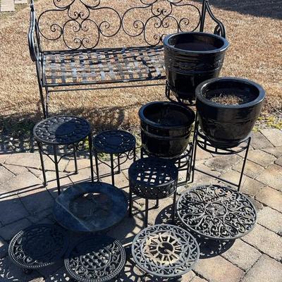 Outdoor Metal Bench & Metal Tables with Black Pots