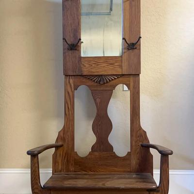 Antique Vintage Hall Tree with Mirror & Storage
