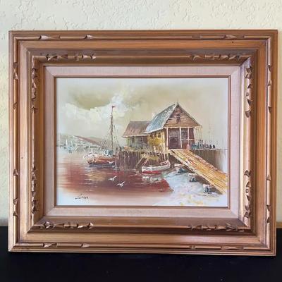 Framed Boats At Boathouse Scene Signed by Luini