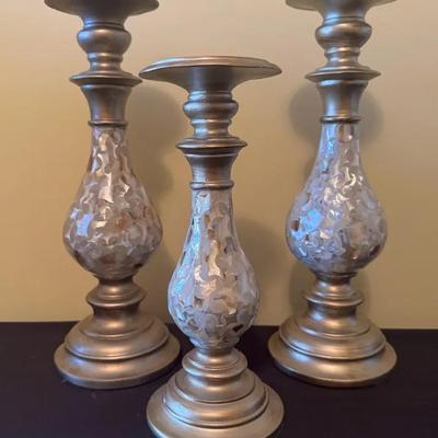Set Of Three Silver-Finished Mercury Glass Pillar Candle Holders