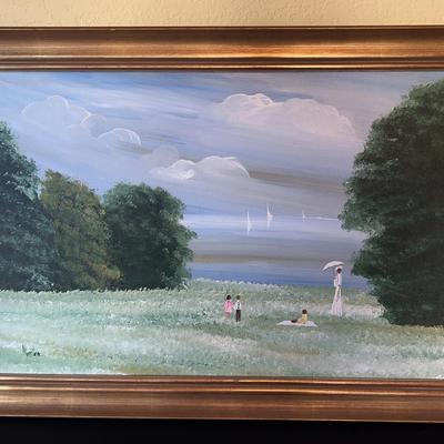 Framed Picnic Seaside Scene Signed by Montnec