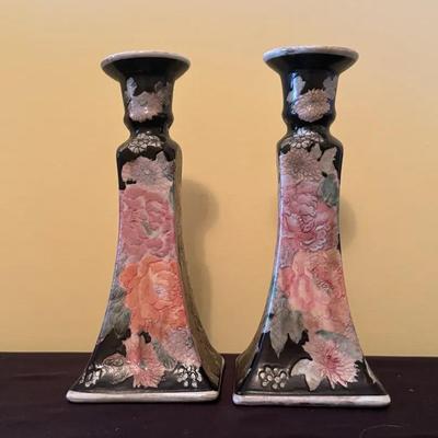 Pair Of Hand Painted Porcelain Vintage Candlestick Holders From Macau