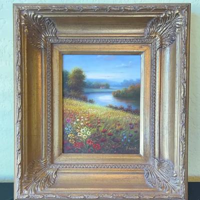 Framed Painting of Country Field & More Signed by F. Adan
