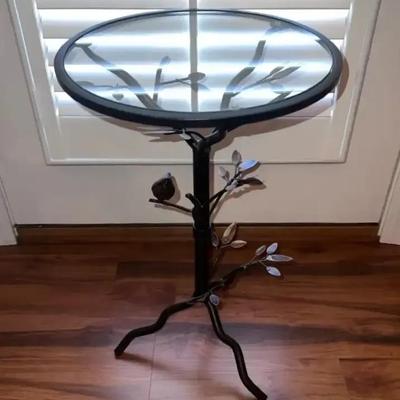 Vintage Bird & Branches Glass-topped Metal Table
