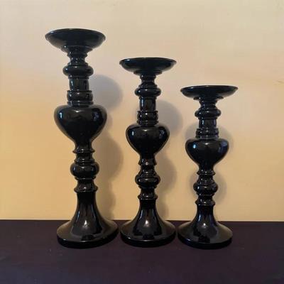 Set Of Three Black Gloss Finished Candle Holders