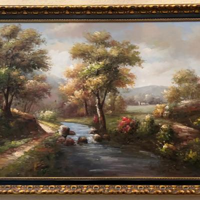 Framed Painting of River & Trees 