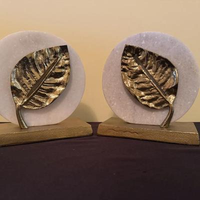 Set Of Gold-finished Metal Leaf Decorative Sculpture With White Base