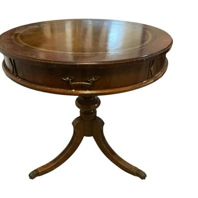 Vintage Round Side Table With Leather Top