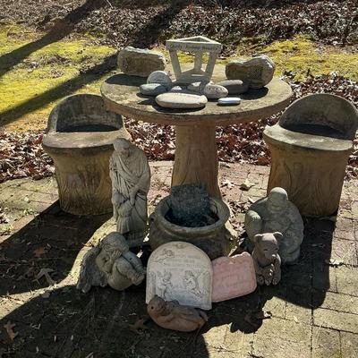 Collection Of Various Concrete Garden, Statues, Decor, Table, And Chair Set