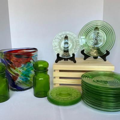 Green Glass Style Lot Apothecary Jars And Art Glass Vase