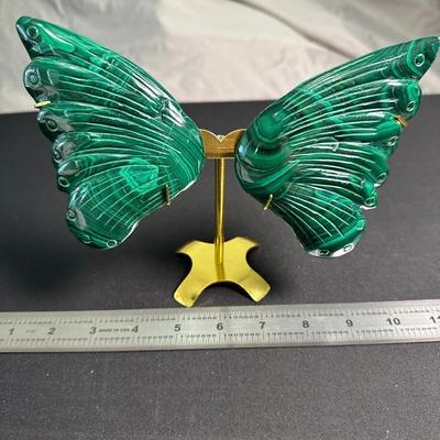 Malachite Wing Sculpture on Metal Stand – Paired Carved Wings Display Piece